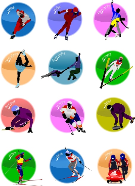Iconos de silueta de deporte de invierno Ilustración vectorial