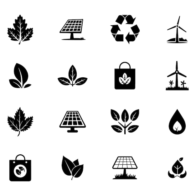 Iconos de silueta ecológica que incluyen un símbolo de reciclaje de hojas, paneles solares, turbinas eólicas y gotas de agua