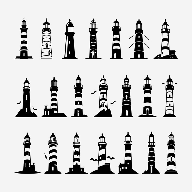 Iconos de silueta de faro conjunto logotipo luz de faro negro océano mar faro casa náutica marina