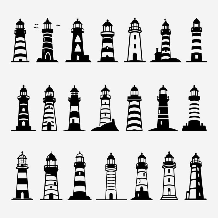 Iconos de silueta de faro conjunto logotipo luz de faro negro océano mar faro casa náutica marina
