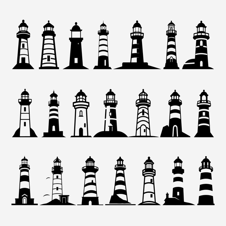 Iconos de silueta de faro conjunto logotipo luz de faro negro océano mar faro casa náutica marina