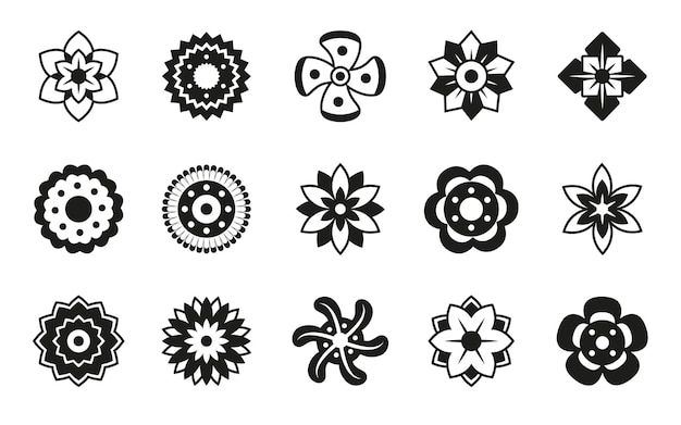Iconos de silueta de flores margarita de girasol negra daisy monocromática de primavera dahlia rosa y manzanilla contorno decoración de flores de Pascua plantilla de logotipo pictograma botánico abstracto conjunto de símbolos vectoriales