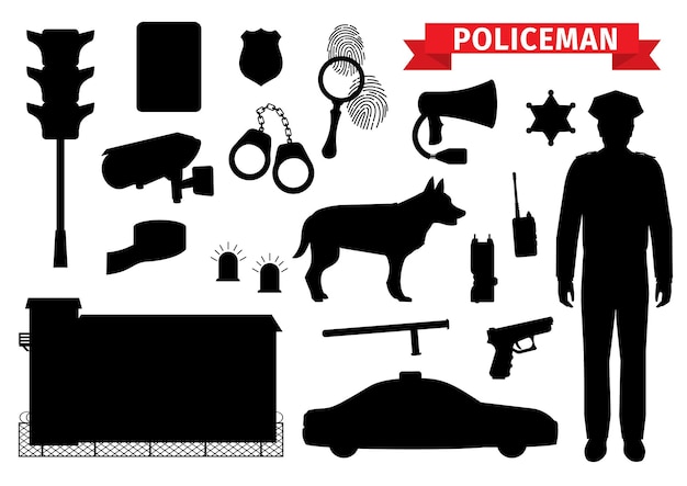 Vector iconos de silueta de policía de equipo de policía