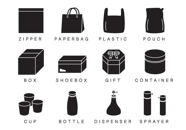 Iconos de silueta de tipos de embalaje de productos