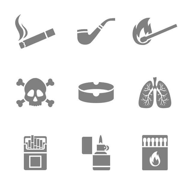 Los iconos de silueta vectorial de fumar establecen 9 elementos