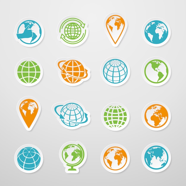 Vector los iconos del símbolo del mapa del mundo de la tierra del globo de la etiqueta engomada fijaron el ejemplo del vector