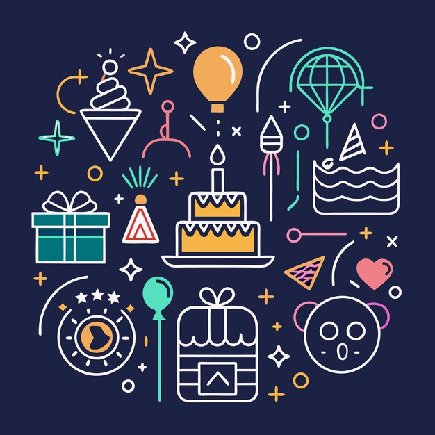 Iconos y símbolos coloridos de celebración alrededor de un pastel con una vela