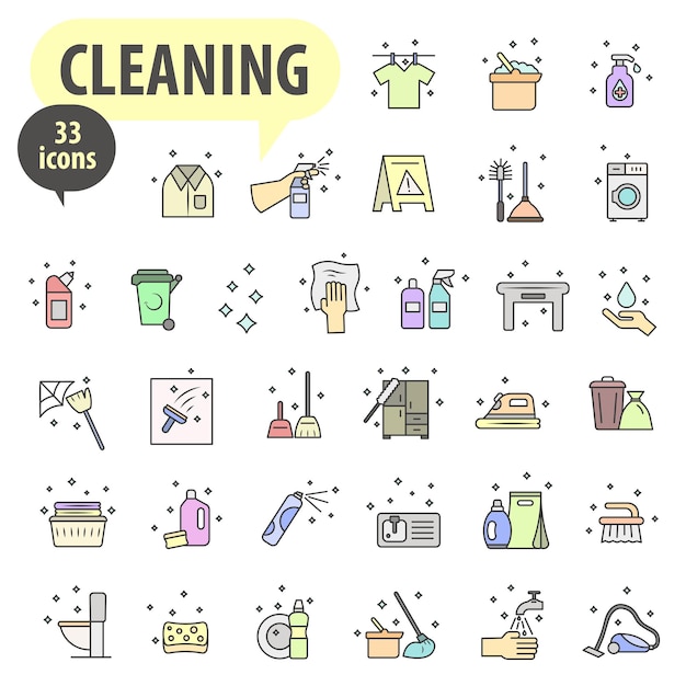 Iconos de símbolos de empresas de limpieza de colores con contorno Conjunto vectorial de iconos lineales sobre el tema de la limpieza Iconos para limpieza