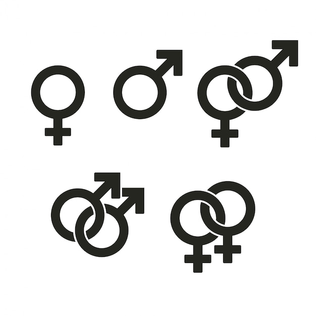 Iconos de símbolos de género. signos entrelazados enemigos y una relación de pareja heterosexual.