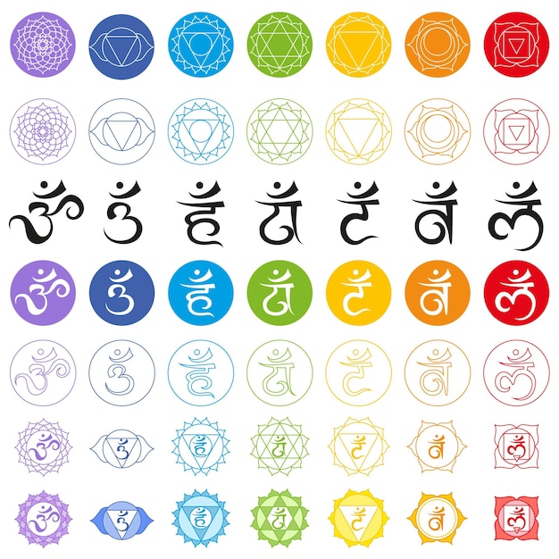 Vector iconos de símbolos y mantra de siete chakras