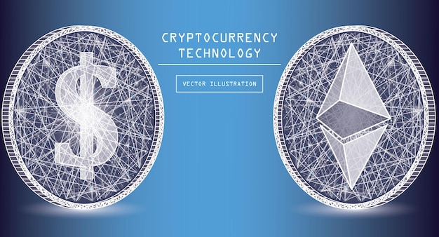 Vector iconos y símbolos del vector de la moneda digital de ethereum. monedas token de moneda criptográfica con símbolos de dólar y ethereum. sistema de pago digital de red peer to peer. concepto blockchain.