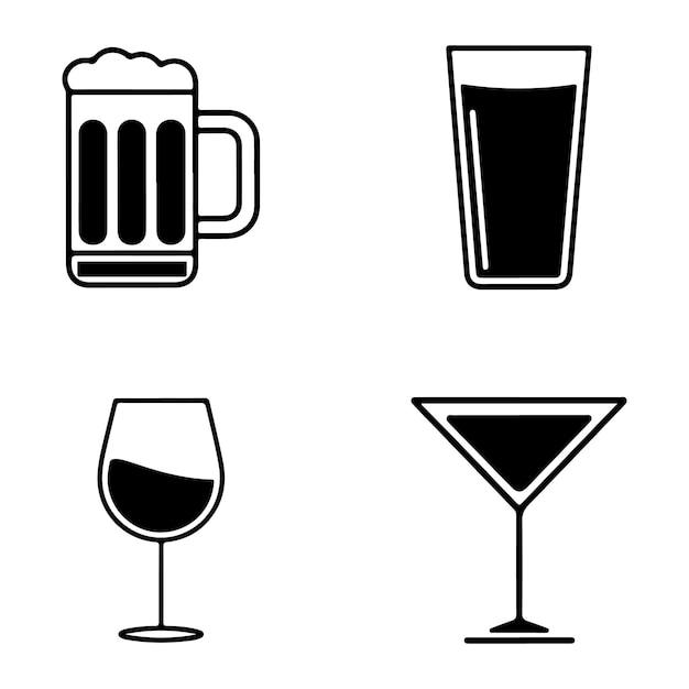 Iconos simples de arte de líneas negras de varias bebidas