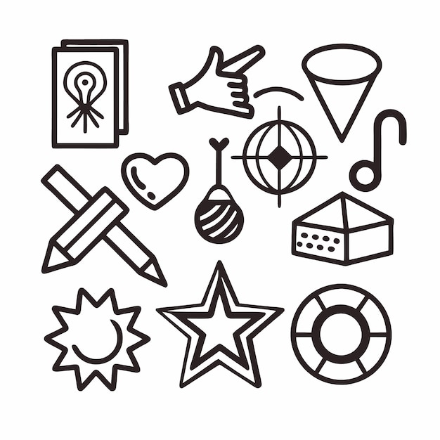 Iconos simples en blanco y negro de un corazón estrella sol y más