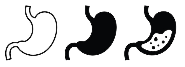 Iconos simples de estómago en varios estilos que representan la anatomía humana y el proceso digestivo