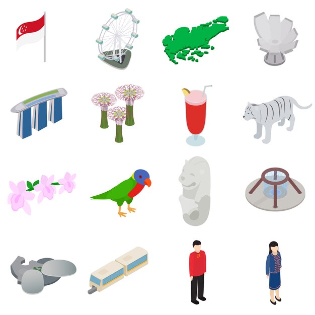 Los iconos de Singapur fijaron en el estilo isométrico 3d aislado en el fondo blanco