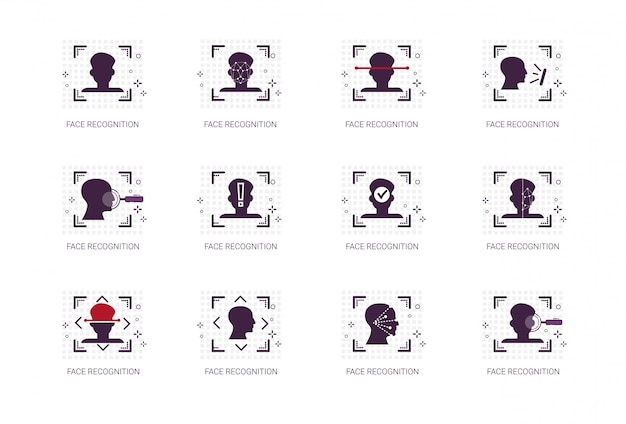 Los iconos del sistema de reconocimiento facial establecen el concepto de identificación biométrica delgada línea