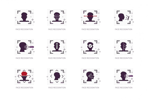 Los iconos del sistema de reconocimiento facial establecen el concepto de identificación biométrica delgada línea