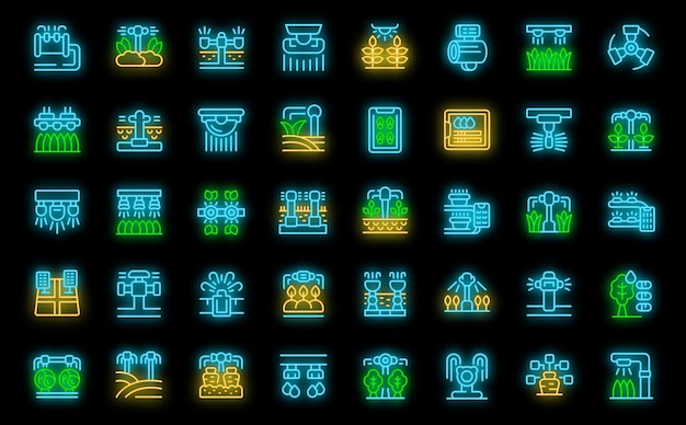 Los iconos del sistema de rociadores establecen el vector de contorno Naturaleza del agua Jardín granja color neón en negro