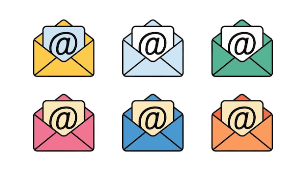 Iconos de sobres de colores con símbolos At para servicios de correo electrónico y mensajería elegante y funcional