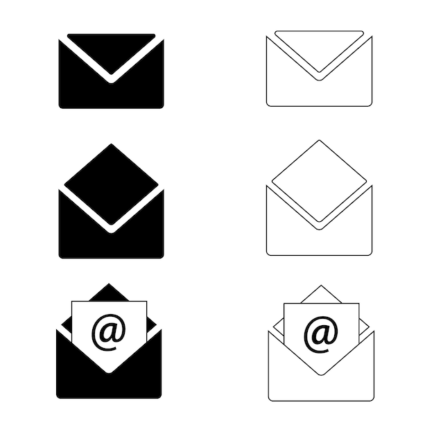 Iconos de sobres de correo electrónico y correo con el símbolo en ilustración en blanco y negro