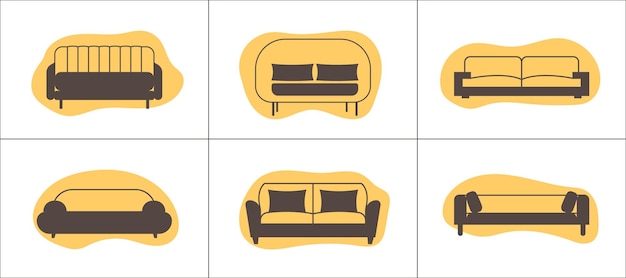 Iconos de sofá en estilo plano Iconos de muebles en fondos de formas abstractas