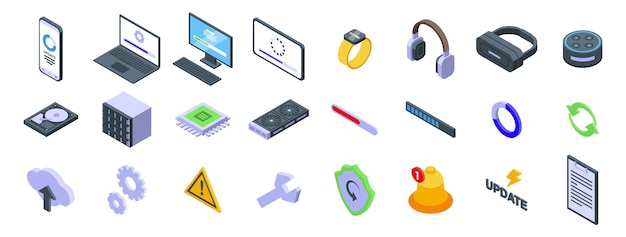 Iconos de software de actualización de aplicaciones vector de conjunto isométrico Una colección de iconos de tecnología que incluye un ordenador portátil, una tableta y un reloj inteligente