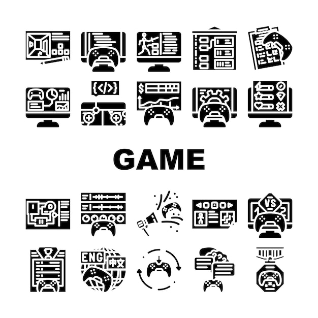 iconos de software de desarrollo de juegos conjunto vector pantalla de computadora industria tecnología oficina personas código joven desarrollador de programas software de desarrollo de juegos glifo pictograma ilustraciones