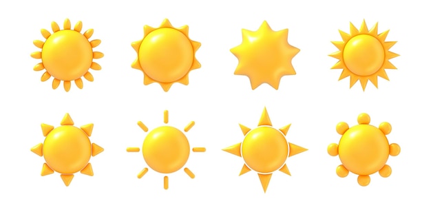 Iconos de sol en 3D Símbolo amarillo de luz solar orbe solar con rayos de sol día soleado y señal de calor Elemento brillante del sol lindo estrella de sol brillante Conjunto de iconos vectoriales realistas aislados