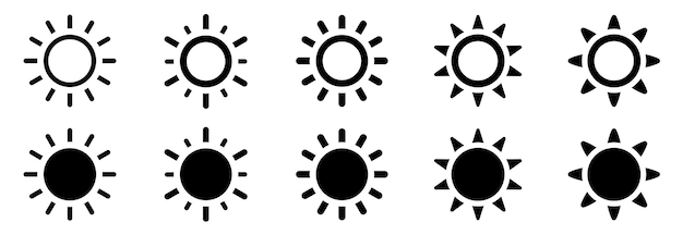 Iconos del sol conjunto Sol simple colección de símbolos negros Luz del sol olas del sol brillo solar estallido de sol y rayos de sol vector de acciones