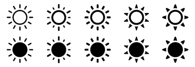 Vector iconos del sol conjunto sol simple colección de símbolos negros luz del sol olas del sol brillo solar estallido de sol y rayos de sol vector de acciones