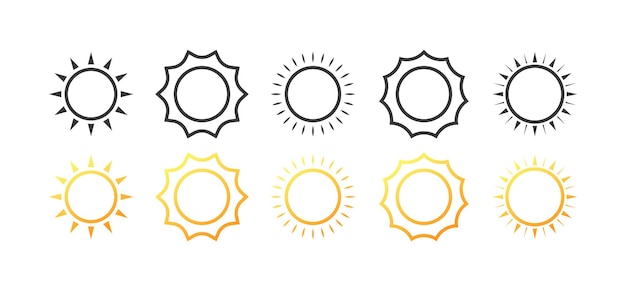 Iconos del sol Diferentes estilos amarillo diferentes iconos del sol puesta del sol Iconos vectoriales