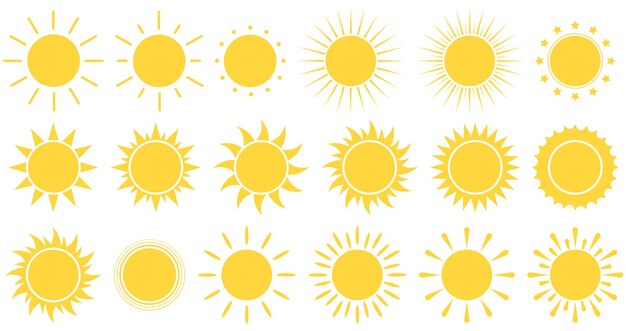 Iconos de sol Shine sun ray set Ilustración vectorial