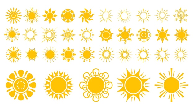 Iconos de sol Soles amarillos aislados planos y bocetos elementos soleados Primavera verano temporada buen clima caliente vector símbolos