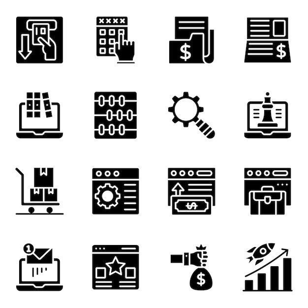 Iconos sólidos de análisis y negocios en línea