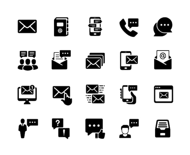 Iconos sólidos de comunicación que contienen diálogo de chat de correo electrónico que hablan colección de iconos sólidos vectorial