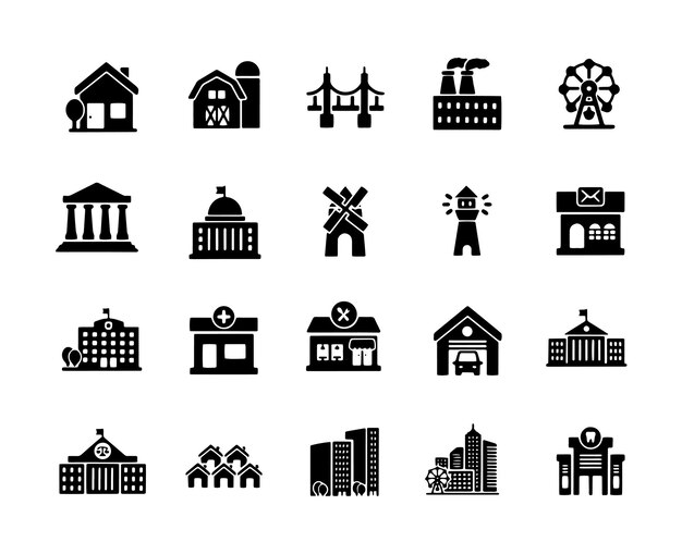 Iconos sólidos de glifos de edificios que contienen casas residenciales ciudades colecciones de iconos sólidos vectoriales