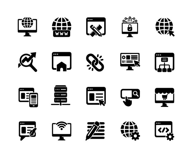 Iconos sólidos de glifos de sitios web que contienen programación de diseño web de Internet Colección de iconas sólidas de red