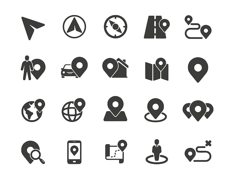 Vector iconos sólidos de navegación que contienen el puntero del mapa colección de iconos de ruta gps ilustración vectorial