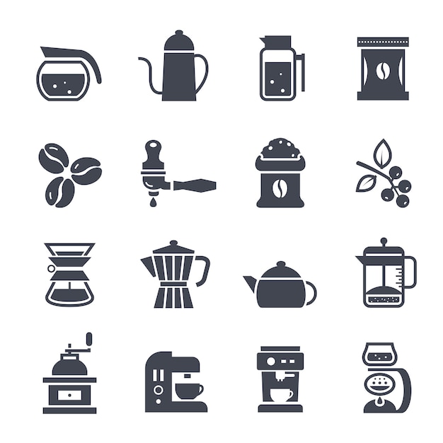 Iconos sólidos vectoriales de café y bebidas en fondo blanco