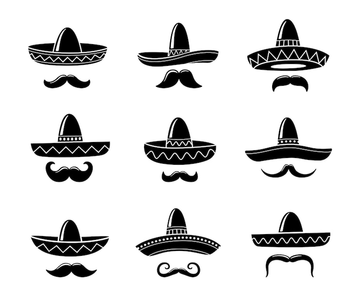 Vector iconos de sombrero de mariachi mexicano con bigotes símbolos vectoriales de cultura y tradición de méxico sombrero de silueta y bigotes con adornos mexicanos para celebración navideña o fiesta