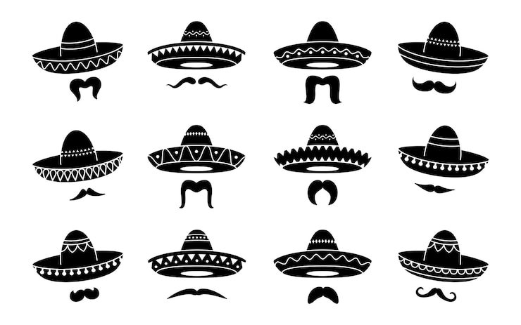 Vector iconos de sombrero de mariachi mexicano negro y bigotes gorras de vaquero o músico charro vectorial y carteles de bigotes que representan la cultura folklore y tradiciones de méxico elementos festivos monocromos