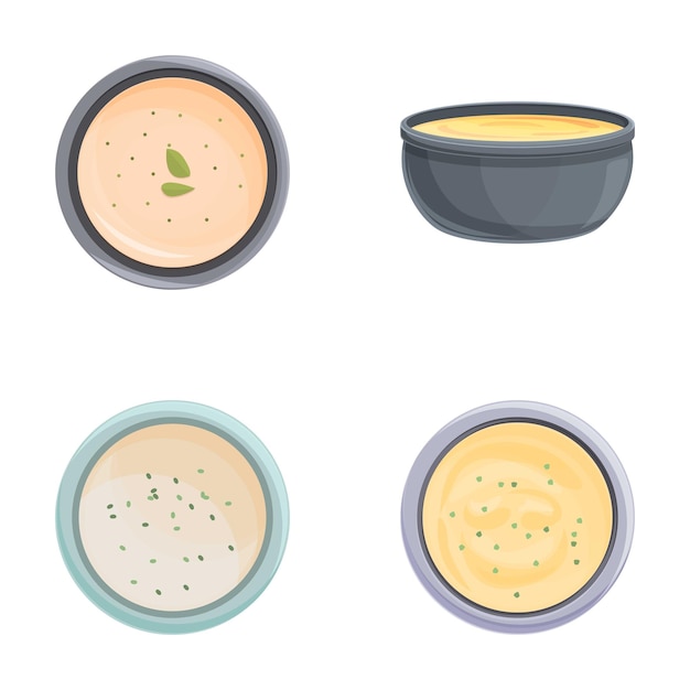 Iconos de sopa conjuntos de vectores de dibujos animados Cuenco de sopa de verduras con guisantes patata y puré