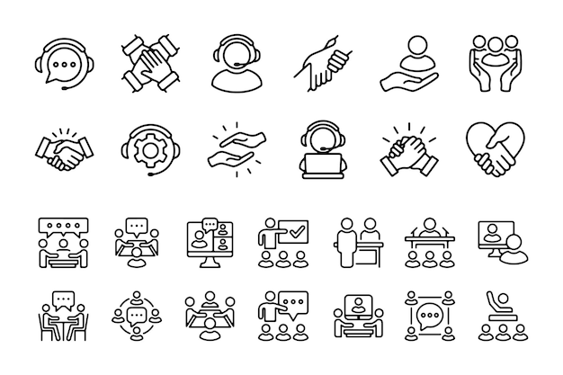Iconos de soporte al cliente y trabajo en equipo