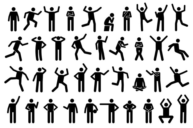 Iconos de Stickman Figuras de palo siluetas negras que muestran varias posturas y gestos corriendo meditando y saltando Ideal para diseño de infografías e interfaces de aplicaciones Ilustración vectorial minimalista