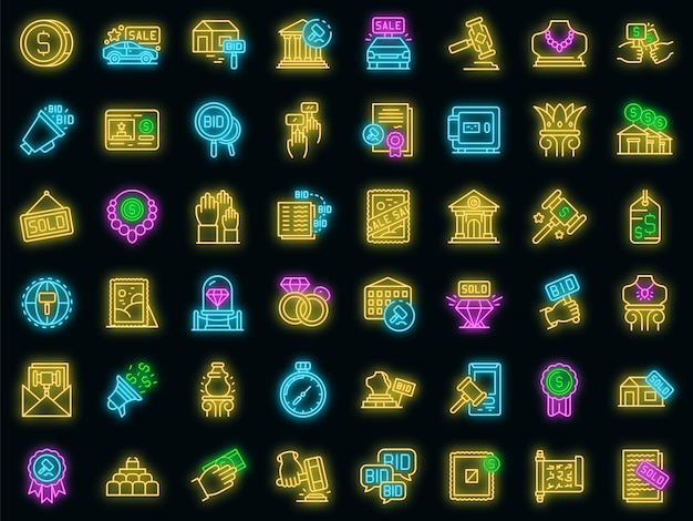 Iconos de subasta set vector neon