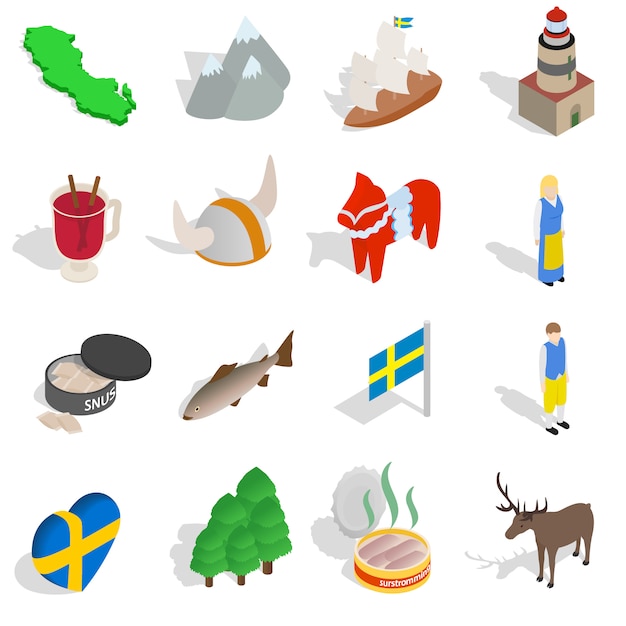 Iconos de Suecia en estilo isométrico 3d aislado sobre fondo blanco