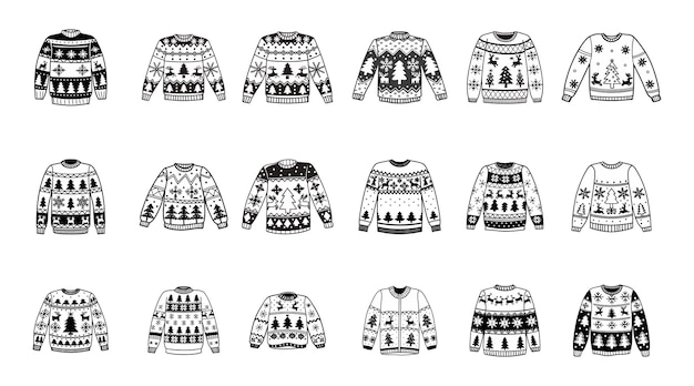 Iconos de suéteres navideños Conjunto de prendas de punto festivas de invierno Vector