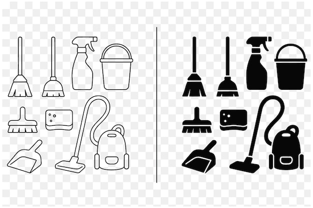 Iconos de suministros de limpieza en arte de línea y estilo sólido