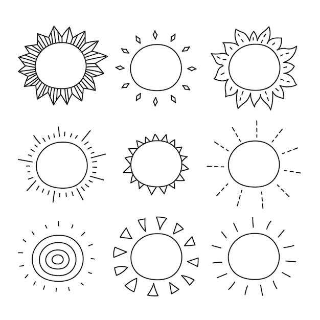 Iconos de Sun Doodle con símbolos de línea negra dibujados a mano