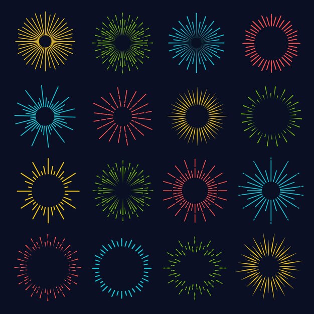 Iconos Sunburst conjunto de vectores estilo colorido aislado sobre fondo blanco para logotipo etiqueta sello camiseta banner emblema 10 pasos